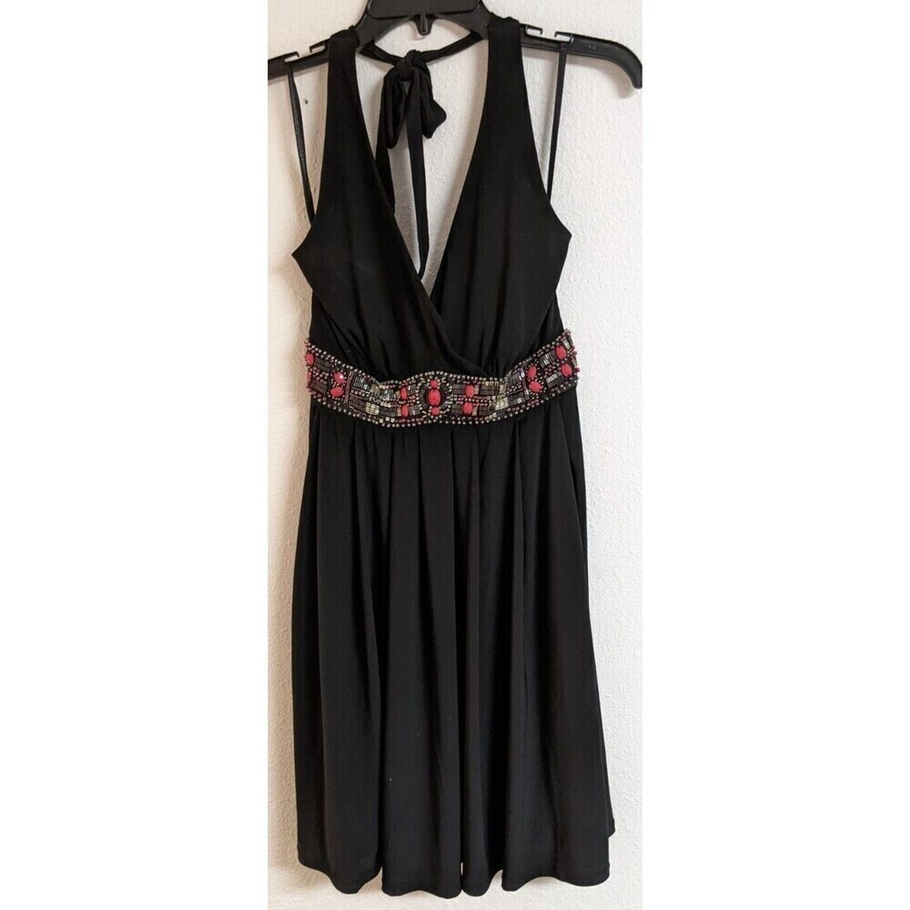 Women's White House Black Market Beaded Empire Waist Black Halter Dress SZ 4
